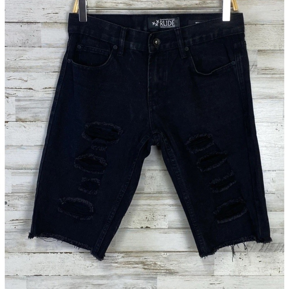 XXX RUDE Hot Topic Shorts Men 30 Black Denim Skinny Jorts Streetwear Y2K Skater